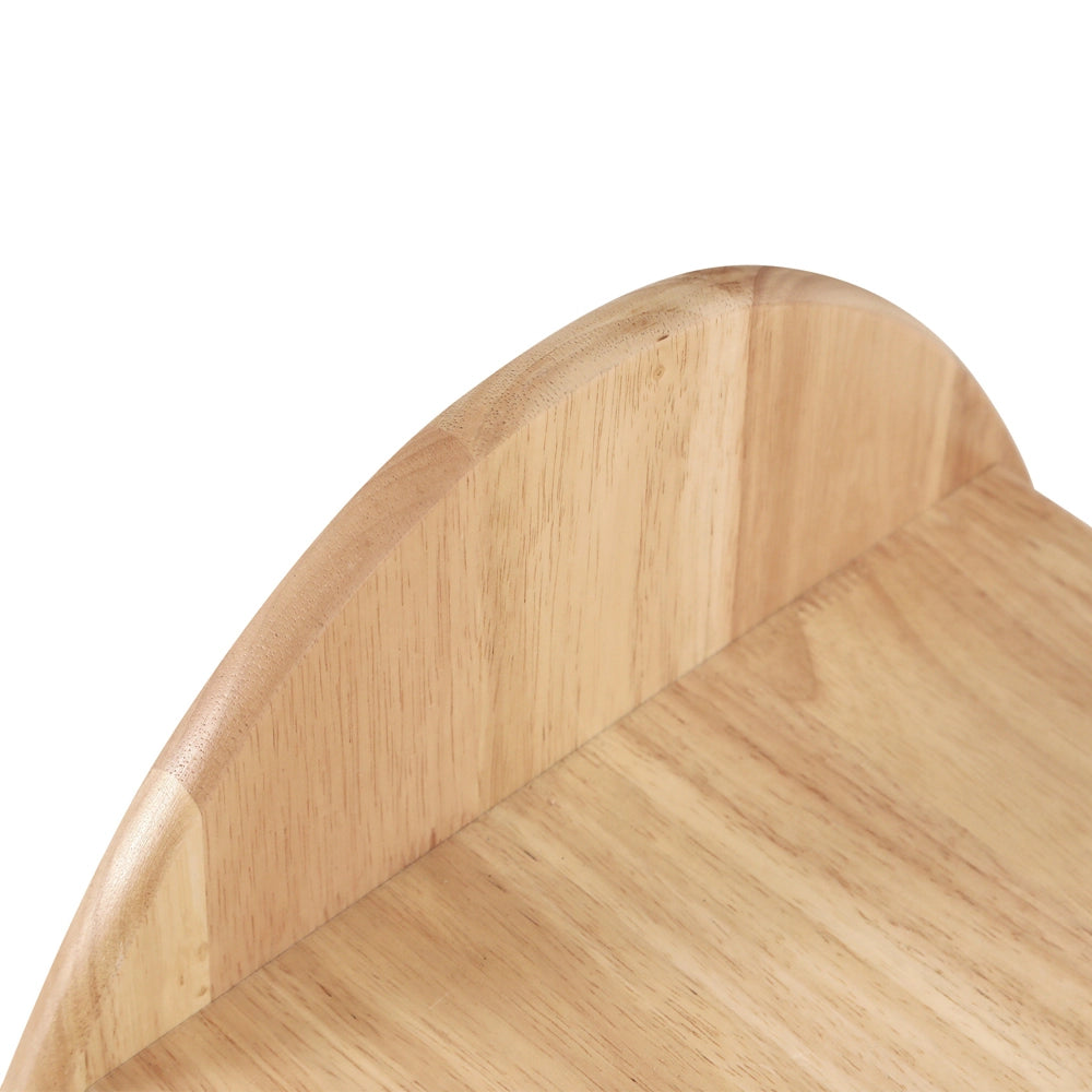 Close-up of the smooth rounded edge and natural wood grain detail on the solid rubberwood toy shelf