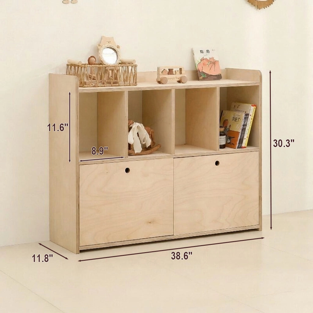Dimensions of a four-cubby marine plywood modular toy organizer cabinet measuring 38.6 inches wide