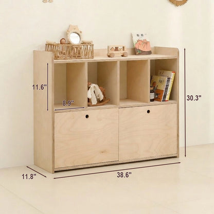 Dimensions of a four-cubby marine plywood modular toy organizer cabinet measuring 38.6 inches wide