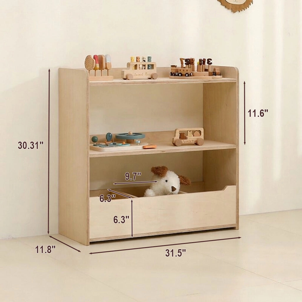 Dimensions of a marine plywood toy organizer shelf measuring 31.5 inches wide and 30.31 inches high