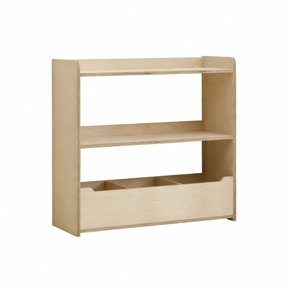 Standalone marine plywood toy organizer shelf with a lower storage bin on a white background