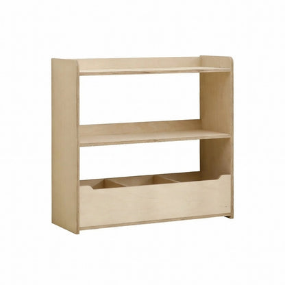 Standalone marine plywood toy organizer shelf with a lower storage bin on a white background