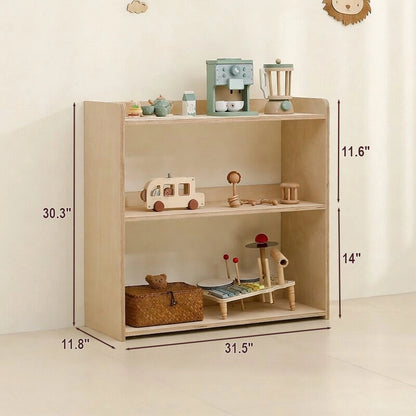 Dimensions of a three-tier open marine plywood toy storage shelf measuring 31.5 inches wide