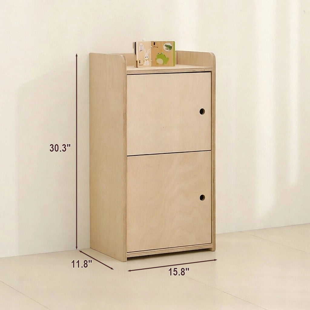 Dimensions of a two-door marine plywood modular toy organizer cabinet measuring 15.8 inches wide