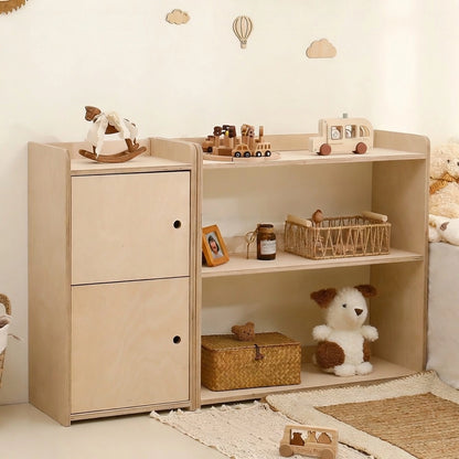 Two-module marine plywood toy storage set showing a two-door cabinet and an open shelving unit