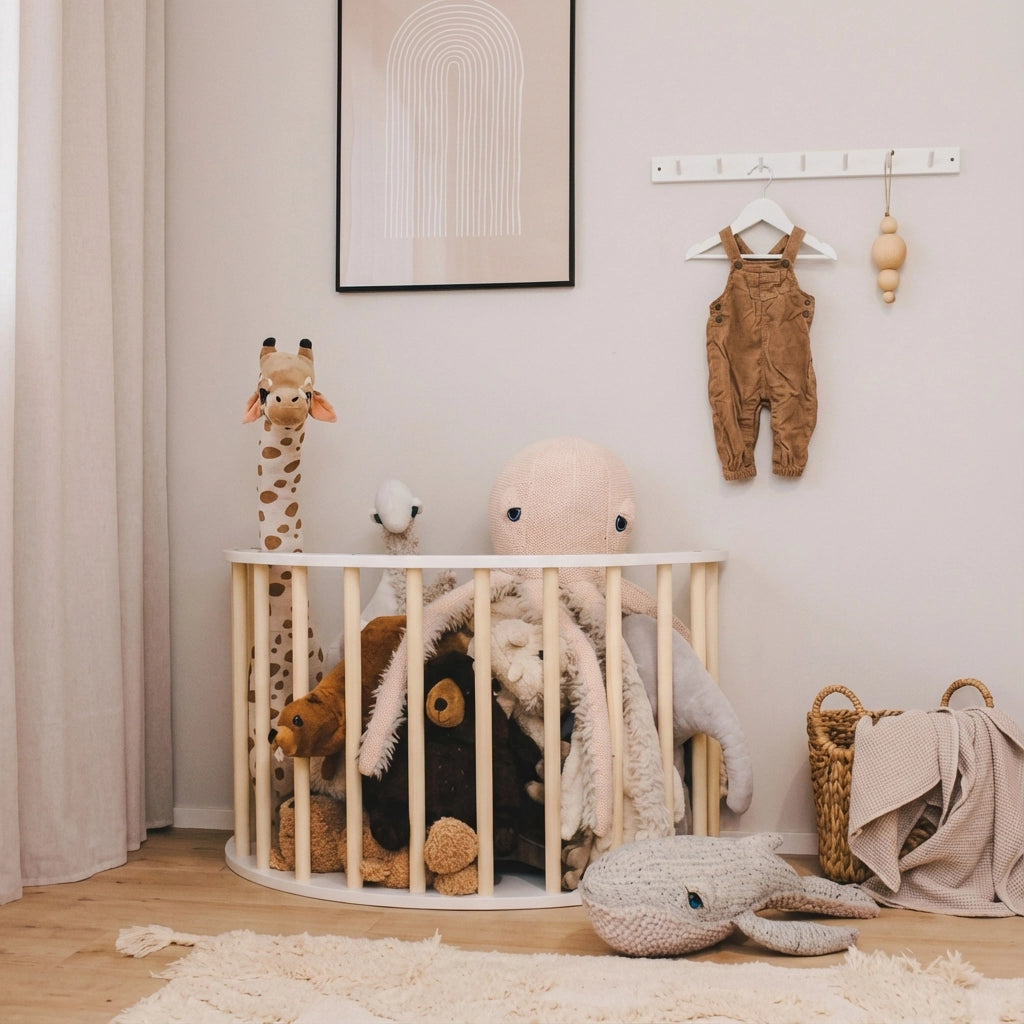 A semi-circular toy storage enclosure built from the wooden arch structure holding various large plush toys
