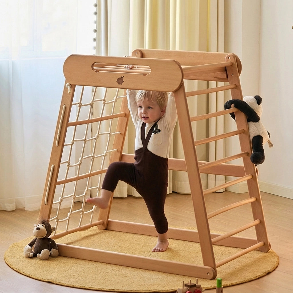 Toddler boy climbing the wooden rungs inside a solid beechwood climbing gym structure