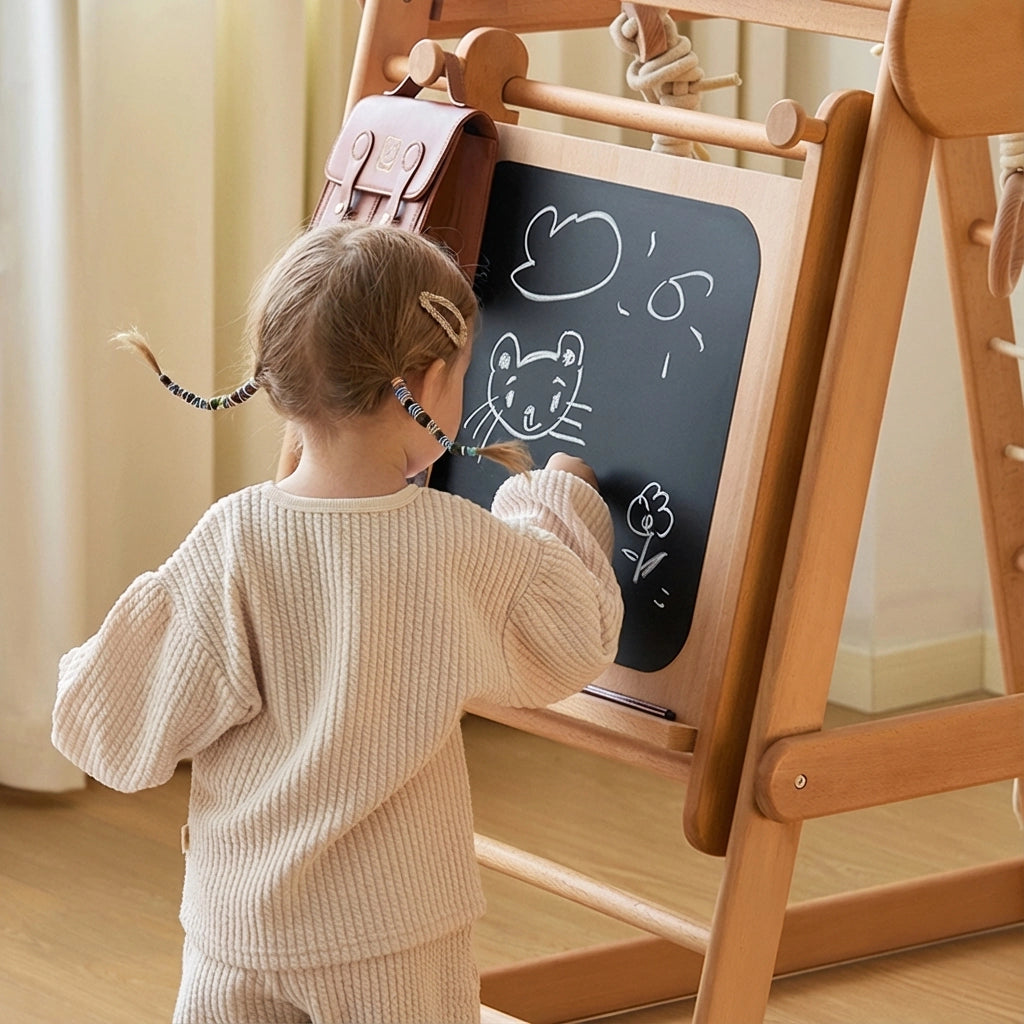 Close-up of a toddler drawing on the blackboard attachment of a wooden climbing gym