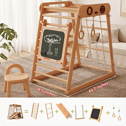 Solid beechwood climbing gym with a chalkboard and gymnastic rings, next to a small wooden chair with dimensions