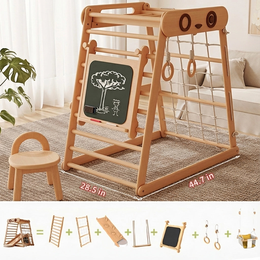 Solid beechwood toddler climbing gym with rings and a chalkboard, showing a component infographic with a fabric swing