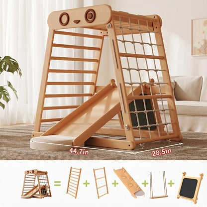 Solid beechwood Montessori toddler climbing gym with a slide, displaying dimensions of 44.7 inches and 28.5 inches