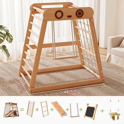 Montessori toddler climbing gym with an internal wooden swing, showing dimensions of 28.5 inches and 44.7 inches