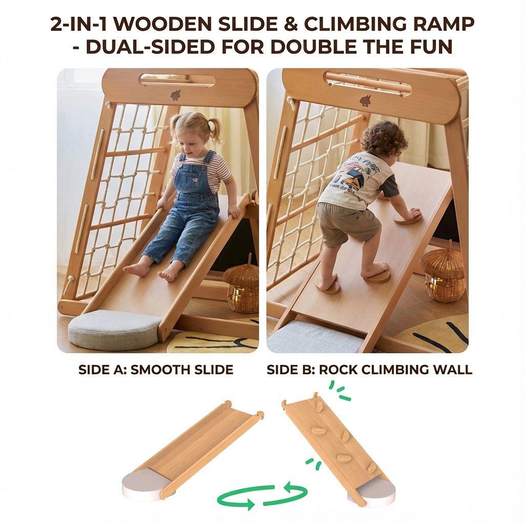 Infographic showing a dual-sided wooden ramp used as a smooth slide and a rock climbing wall