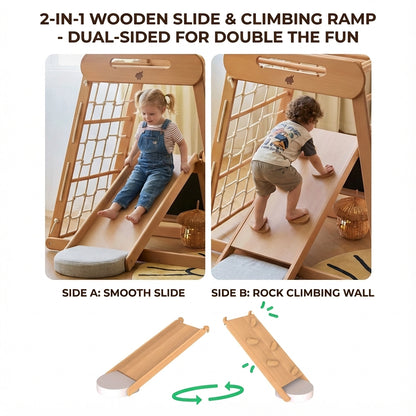 Infographic showing a dual-sided wooden ramp used as a smooth slide and a rock climbing wall