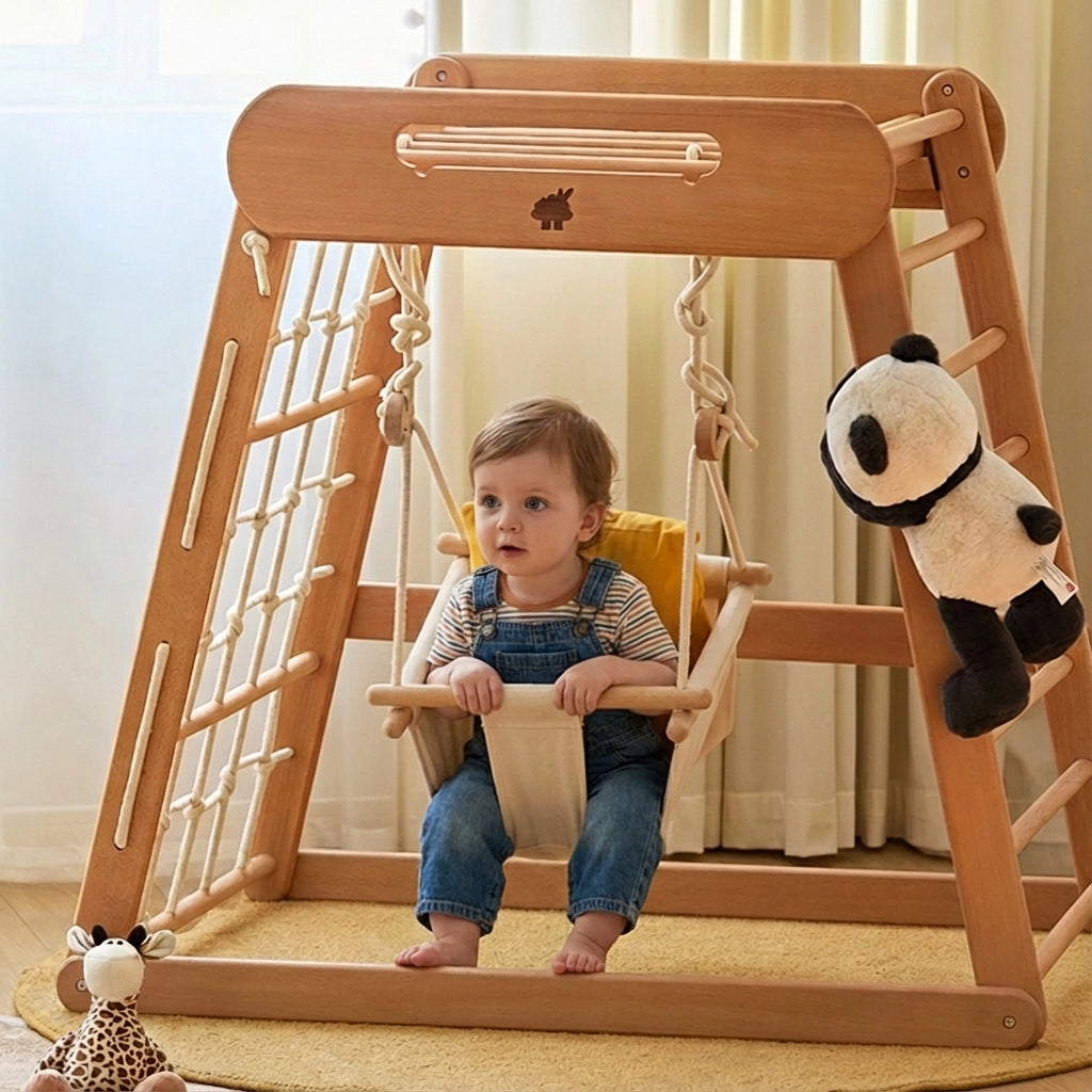 Toddler sitting in a canvas swing seat hanging inside the solid beechwood climbing gym