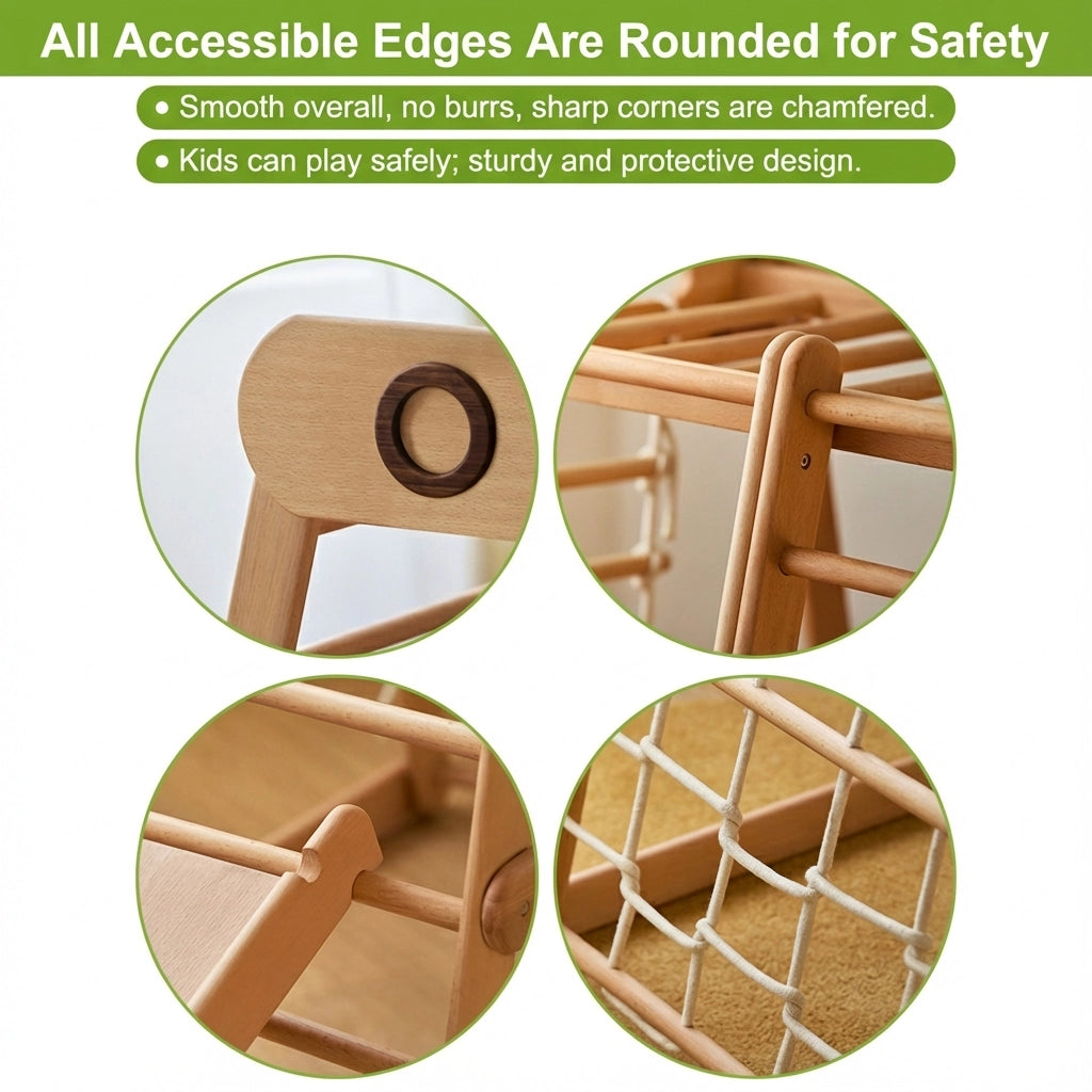Infographic detailing the smooth rounded edges and joint construction of a beechwood climbing gym