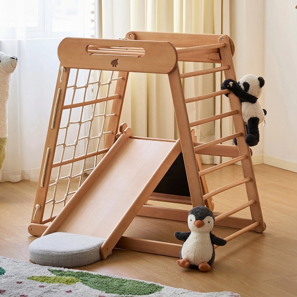 Empty solid beechwood Montessori climbing gym with a smooth slide attachment and plush animal toys