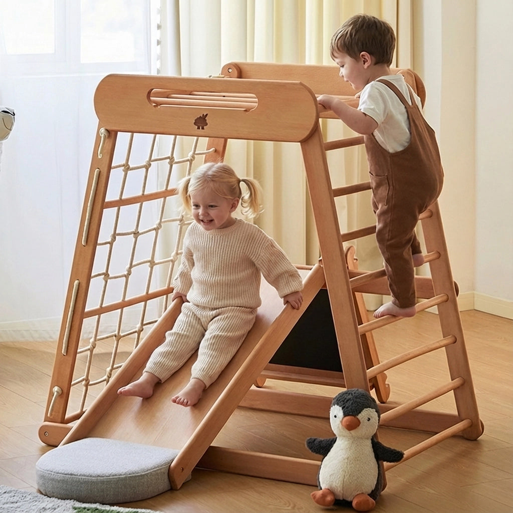 Two toddlers playing on a solid beechwood climbing gym with a slide ramp and wooden rungs