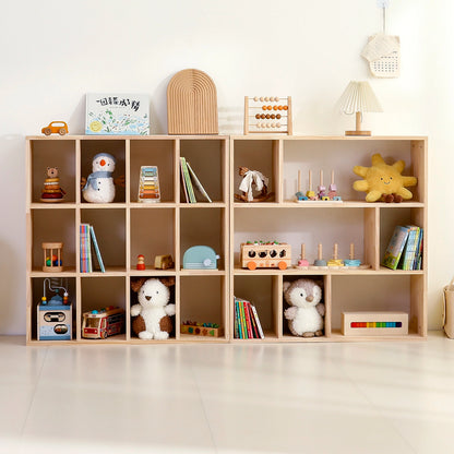 Front view of two solid pine Montessori toddler cubby organizers placed side-by-side and filled with toys