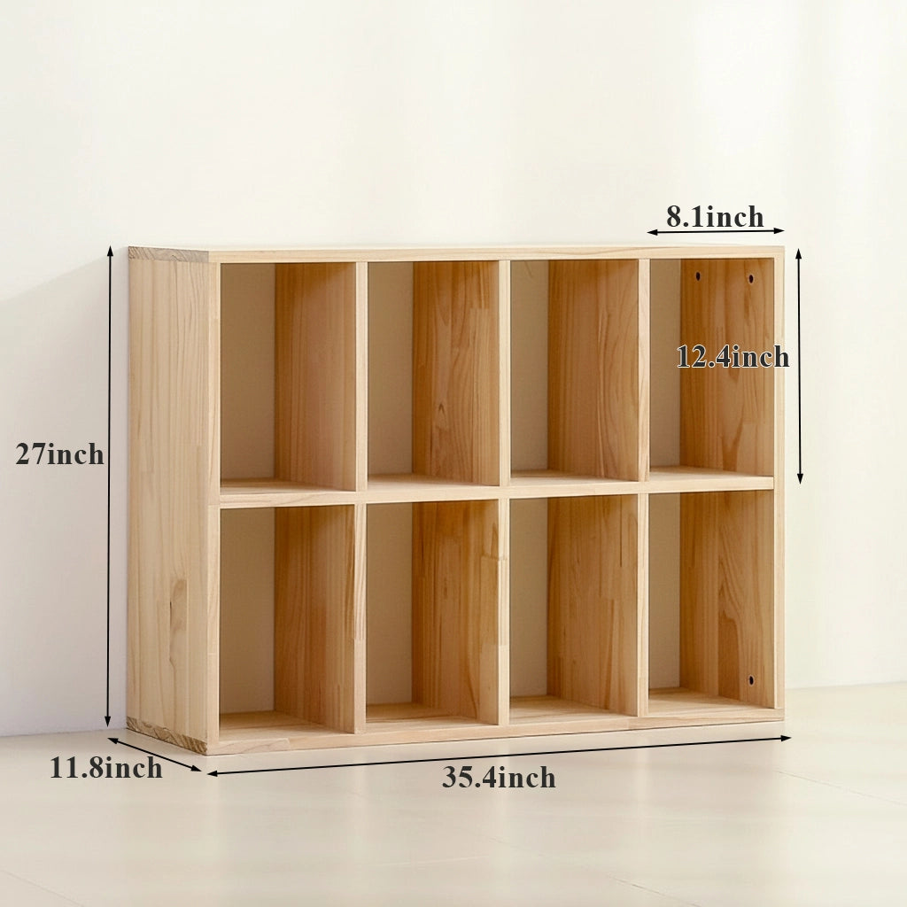 Eight-cube solid pine cubby organizer measuring 35.4 inches wide, 11.8 inches deep, and 27 inches high