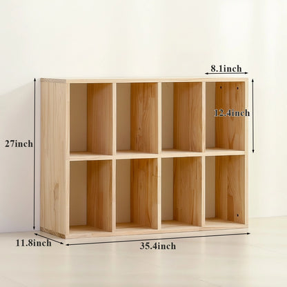 Eight-cube solid pine cubby organizer measuring 35.4 inches wide, 11.8 inches deep, and 27 inches high