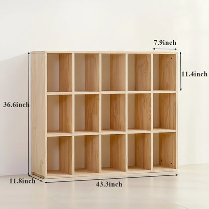 Fifteen-cube solid pine cubby organizer measuring 43.3 inches wide, 11.8 inches deep, and 36.6 inches high