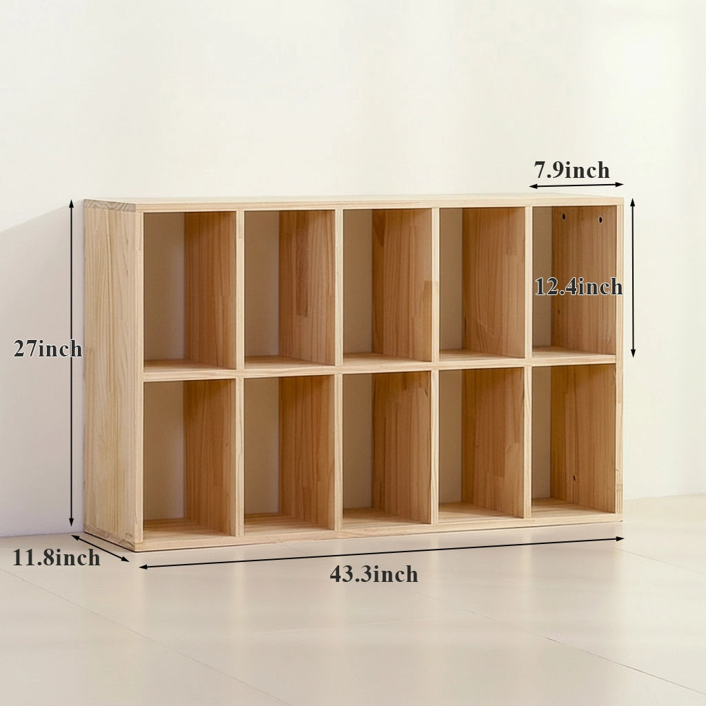 Ten-cube solid pine cubby organizer measuring 43.3 inches wide, 11.8 inches deep, and 27 inches high