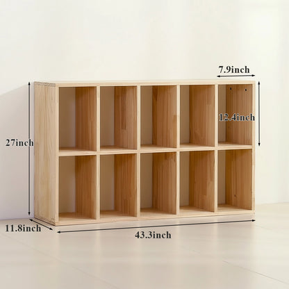 Ten-cube solid pine cubby organizer measuring 43.3 inches wide, 11.8 inches deep, and 27 inches high