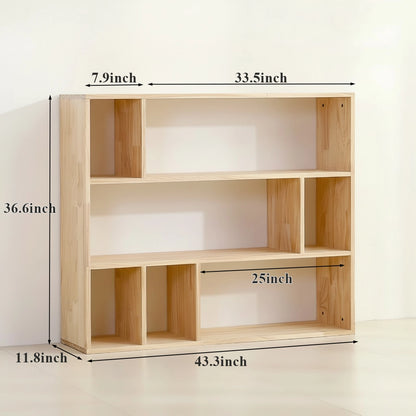 Large three-tier solid pine cubby organizer dimensions measuring 43.3 inches wide, 11.8 inches deep, and 36.6 inches high