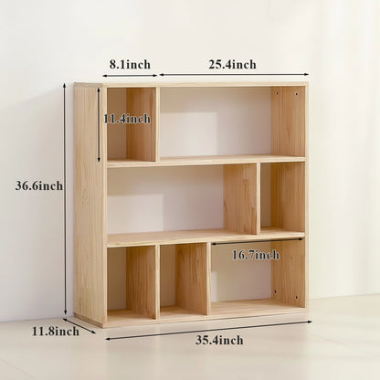 Small three-tier solid pine cubby organizer dimensions measuring 35.4 inches wide, 11.8 inches deep, and 36.6 inches high