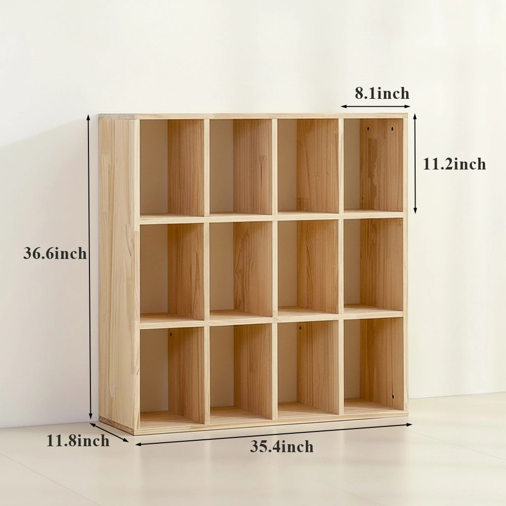 Twelve-cube solid pine cubby organizer measuring 35.4 inches wide, 11.8 inches deep, and 36.6 inches high