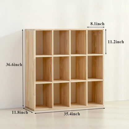 Twelve-cube solid pine cubby organizer measuring 35.4 inches wide, 11.8 inches deep, and 36.6 inches high