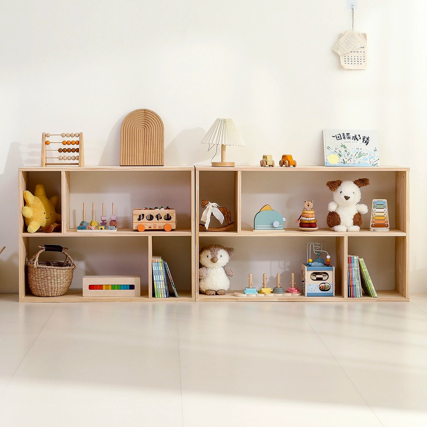 Front view of two-tier solid pine storage cubbies in an alternate side-by-side setup filled with kids' toys