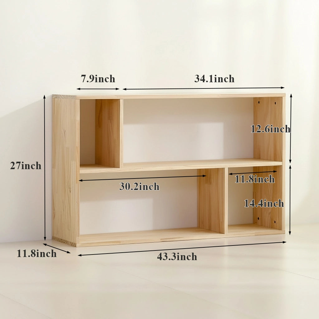 Large two-tier solid pine cubby organizer dimensions measuring 43.3 inches wide, 11.8 inches deep, and 27 inches high