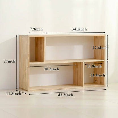 Large two-tier solid pine cubby organizer dimensions measuring 43.3 inches wide, 11.8 inches deep, and 27 inches high