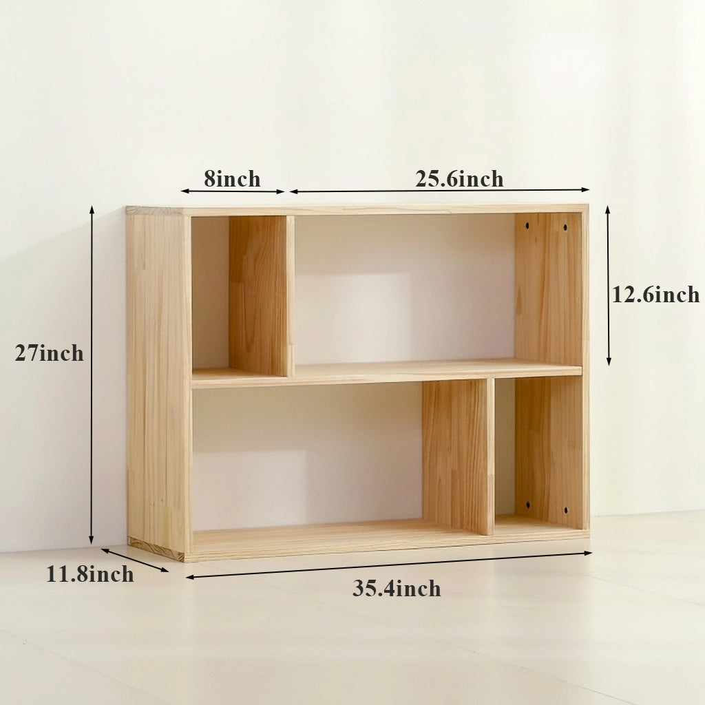 Small two-tier solid pine cubby organizer dimensions measuring 35.4 inches wide, 11.8 inches deep, and 27 inches high