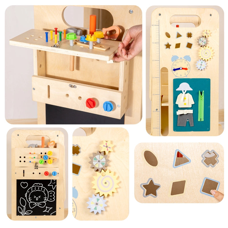 Close-up views of various busy board activities including gears, a clock, shape sorters, and a blackboard