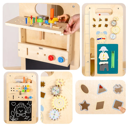 Close-up views of various busy board activities including gears, a clock, shape sorters, and a blackboard