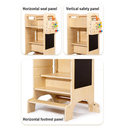 Three diagrams showing the horizontal seat panel, vertical safety panel, and horizontal footrest panel configurations