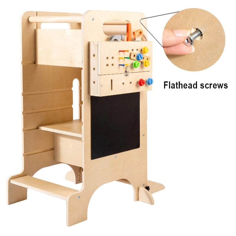 Linden plywood step stool on a white background with a close-up callout showing flathead screws