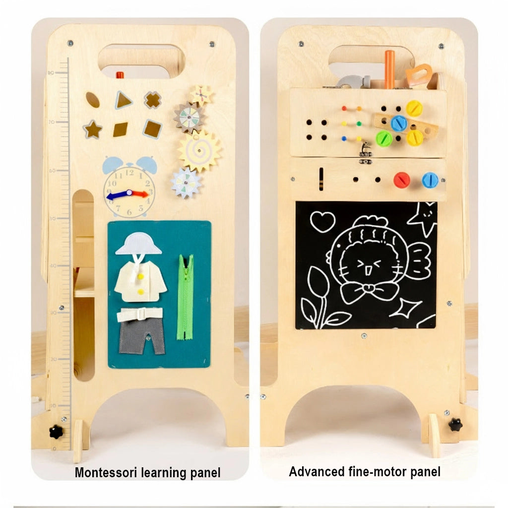 Side-by-side comparison of the Montessori learning panel and the advanced fine-motor panel