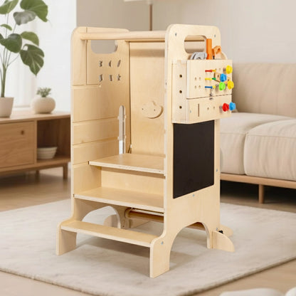 Angled view of a Montessori toddler step stool with a busy board in a playroom setting