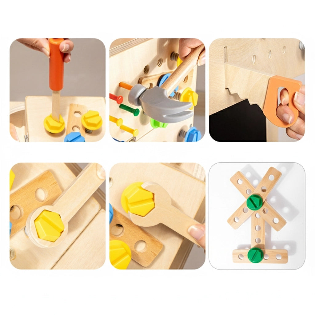 Six close-up views showing children's hands using toy wooden tools like a hammer, screwdriver, and wrench
