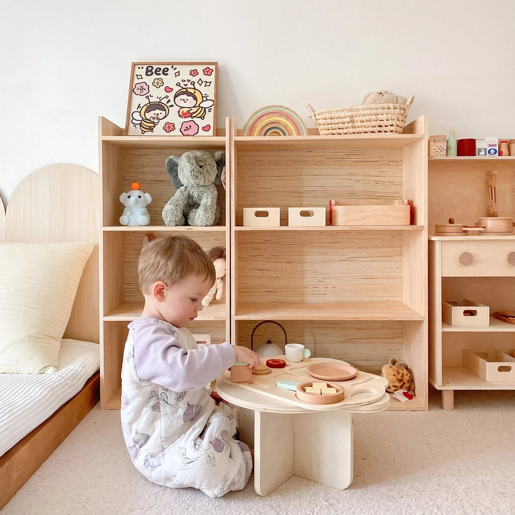 A toddler sitting on the floor and playing at a low wooden table in front of the solid pine storage shelf