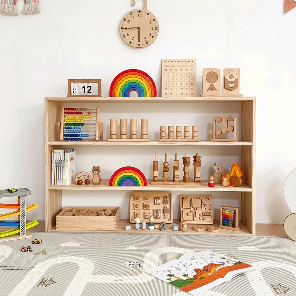 Front view of a three-tier solid pine Montessori toddler toy shelf with toys arranged under a wooden wall clock
