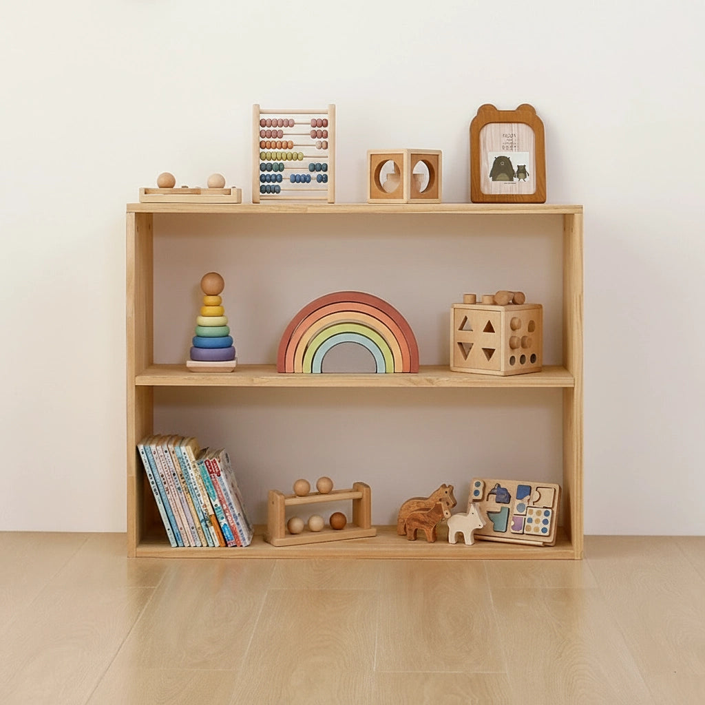 Front view of a two-tier solid pine toddler toy shelf holding a wooden abacus, rainbow stacker, and books
