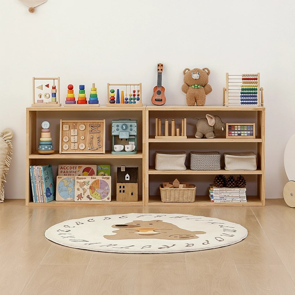 Front view of two different sized Montessori toddler toy shelves side by side with a round bear rug on the floor