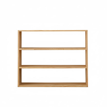 Empty three-tier solid pine toddler toy shelf with open storage compartments on a white background