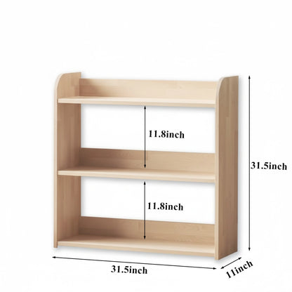 Dimensions of a three-tier toddler toy shelf measuring 31.5 inches wide, 11 inches deep, and 31.5 inches high
