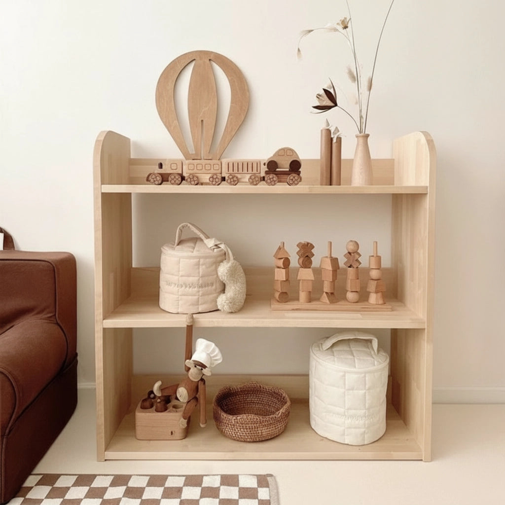 Front view of a three-tier solid pine toddler toy shelf styled with wooden toys and white storage bags